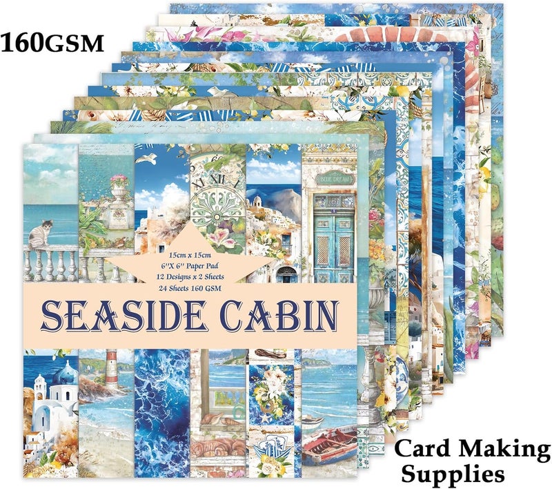 Qianshan 24 Sheets 12 Designs Scrapbook Paper Pad,6"×6” Single-Sided Decopodge Craft Cardstock Paper,Christmas Scrapbooking DIY Decorative Background Cardmaking Supplies.Seaside Cabin - Image 4